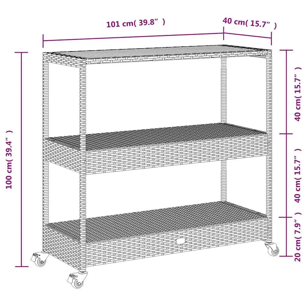 Bar Cart 3-Tier Kitchen Trolley Poly Rattan Wooden Top Storage Drinks Serving