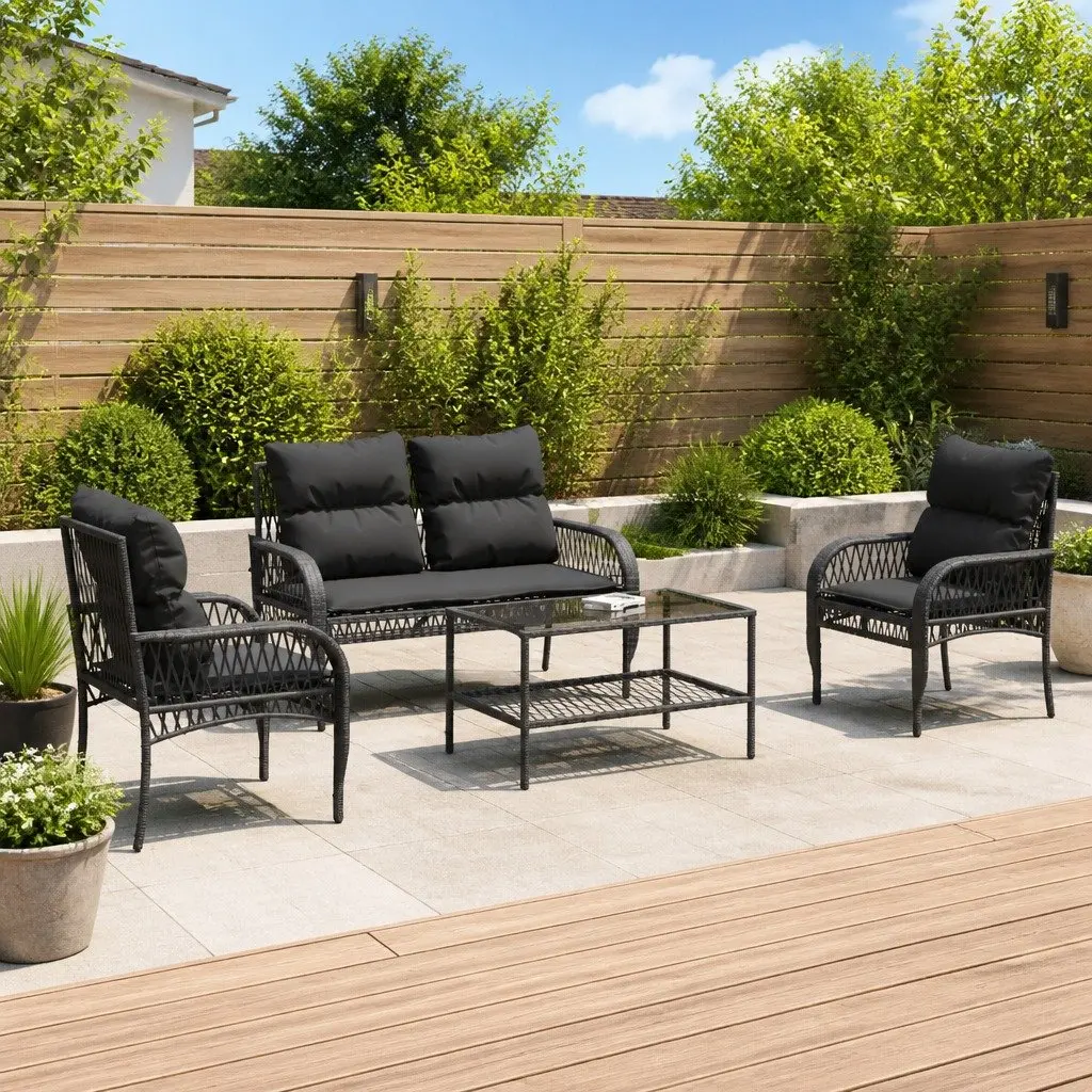 4 Piece Outdoor Garden Sofa Set Black Poly Rattan Lounge Patio Furniture with