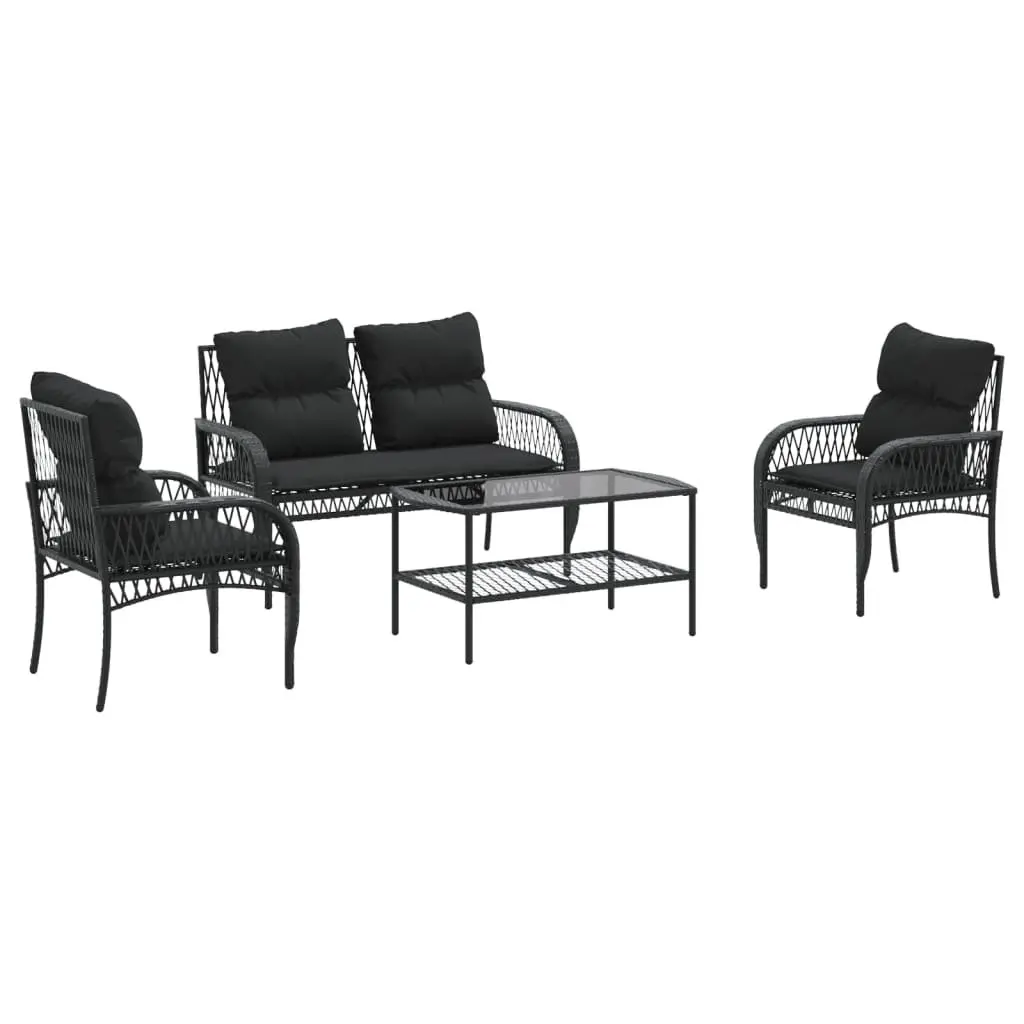 4 Piece Outdoor Garden Sofa Set Black Poly Rattan Lounge Patio Furniture with