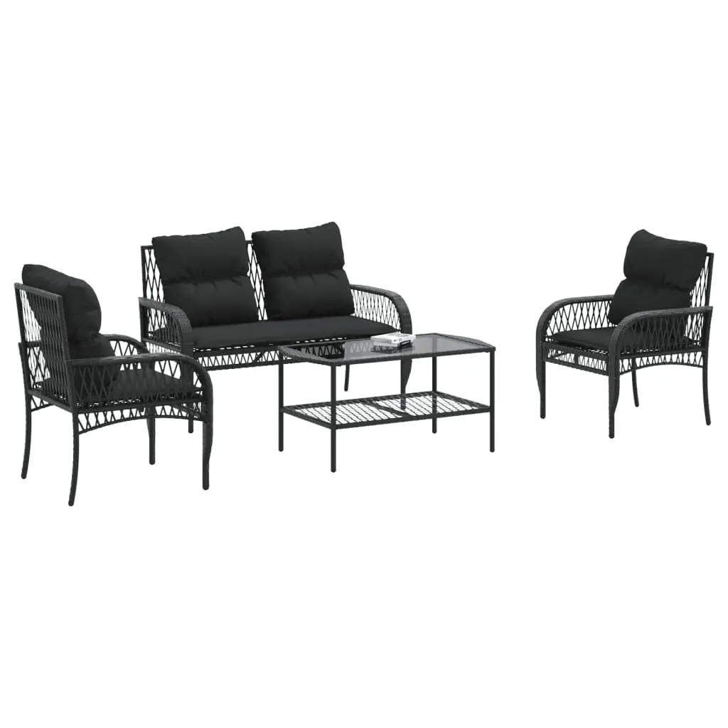 4 Piece Outdoor Garden Sofa Set Black Poly Rattan Lounge Patio Furniture with
