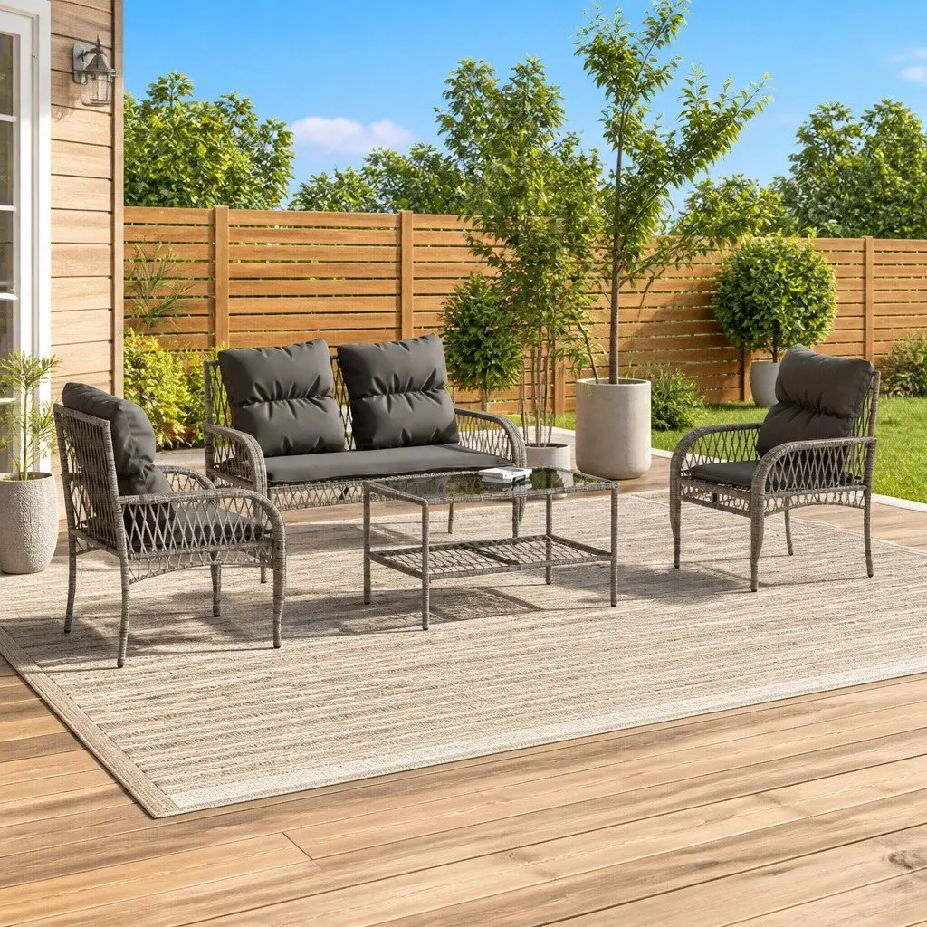 4 Piece Garden Sofa Set Grey Poly Rattan Outdoor Furniture with Cushions and Glass Table