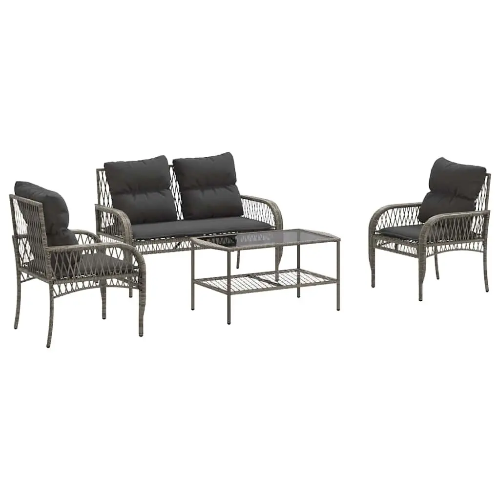 4 Piece Garden Sofa Set Grey Poly Rattan Outdoor Furniture with Cushions and Glass Table