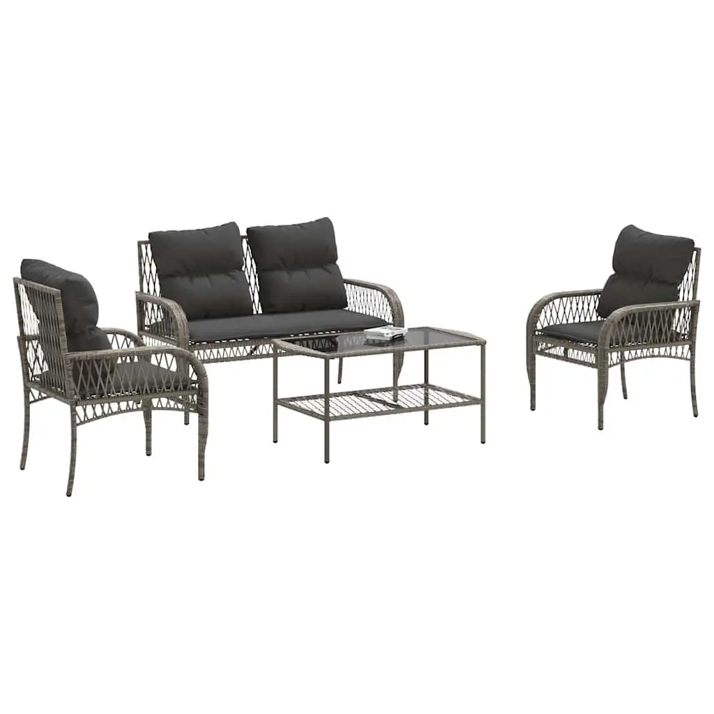 4 Piece Garden Sofa Set Grey Poly Rattan Outdoor Furniture with Cushions and Glass Table