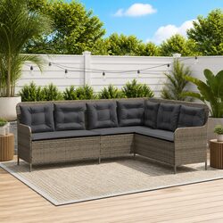 L-Shaped Garden Sofa with Cushions Grey Poly Rattan Outdoor Patio Furniture