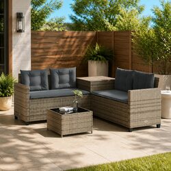 L-Shaped Garden Sofa Set with Side Table and Cushions Grey Poly Rattan Outdoor