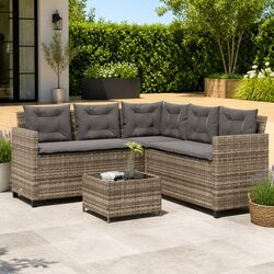 L-Shaped Garden Sofa Set with Table Grey Poly Rattan Outdoor Patio Furniture