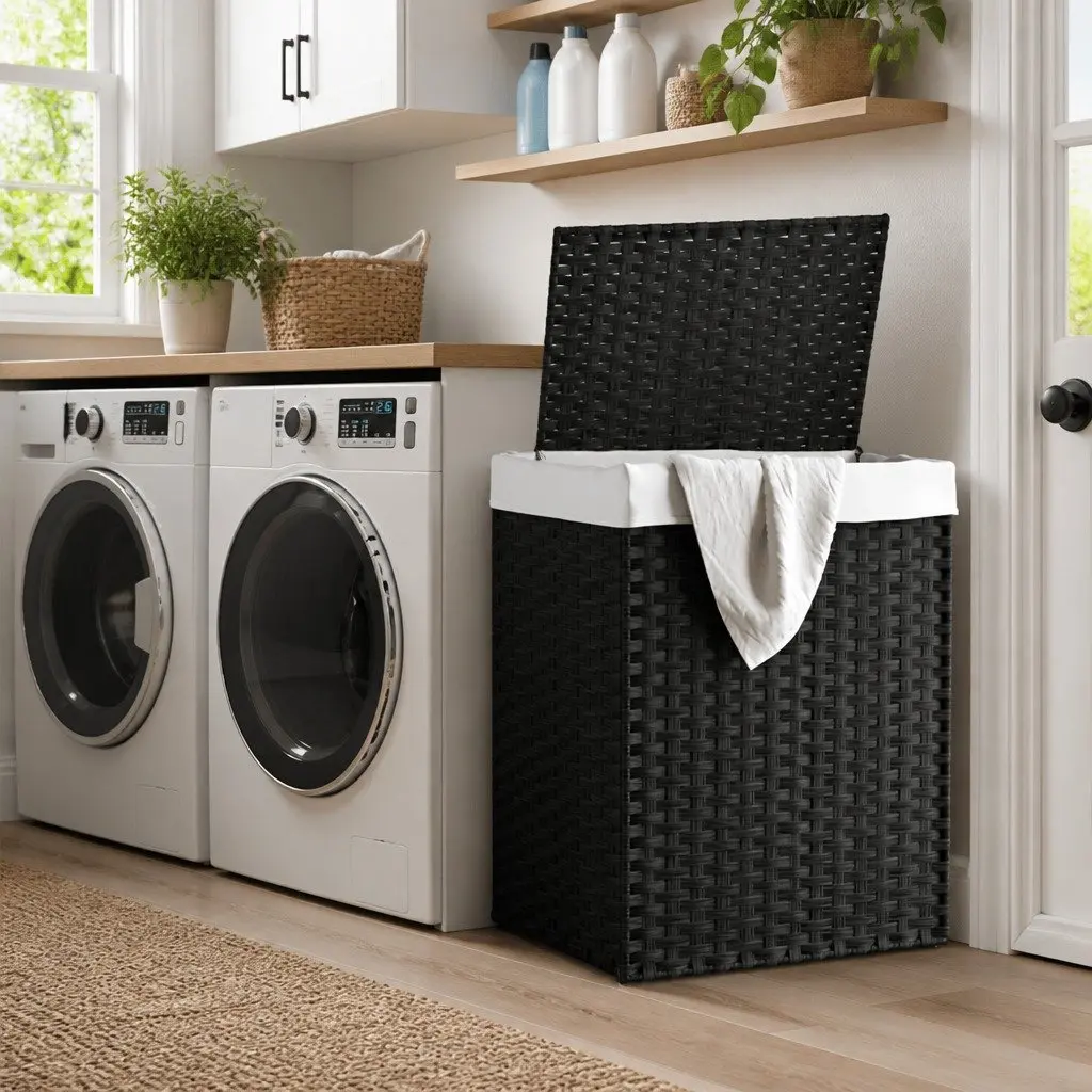Laundry Basket with Lid Foldable Black Poly Rattan Storage Hamper Removable Inner Bag