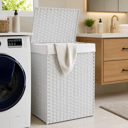 Laundry Basket with Lid White Poly Rattan Foldable Storage Hamper Household
