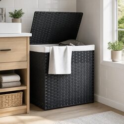 Laundry Basket 2 Compartments Grey Poly Rattan Foldable with Lid Handle