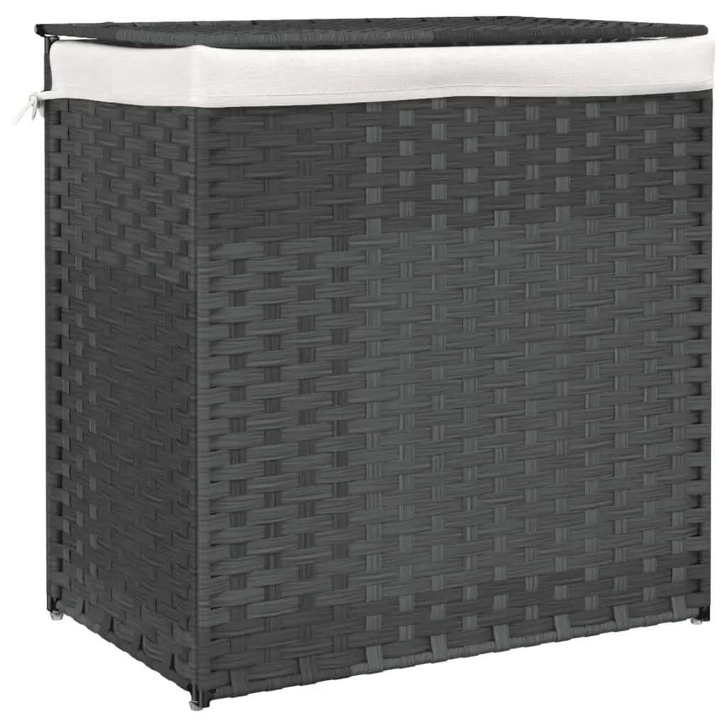 Laundry Basket with 2 Sections Grey 53x35x57 cm Poly Rattan Storage Bin with Lid
