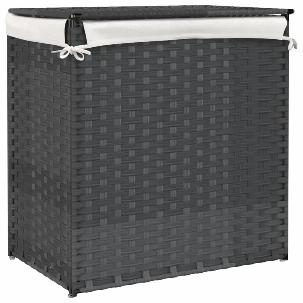 Laundry Basket with 2 Sections Grey 53x35x57 cm Poly Rattan Storage Bin with Lid