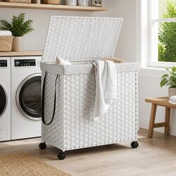 Laundry Basket with Wheels White Rattan 60x35x60.5cm 3 Compartment Storage