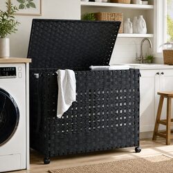 Laundry Basket with Wheels Black Rattan Hand-Woven 66x35x60cm Removable Bag