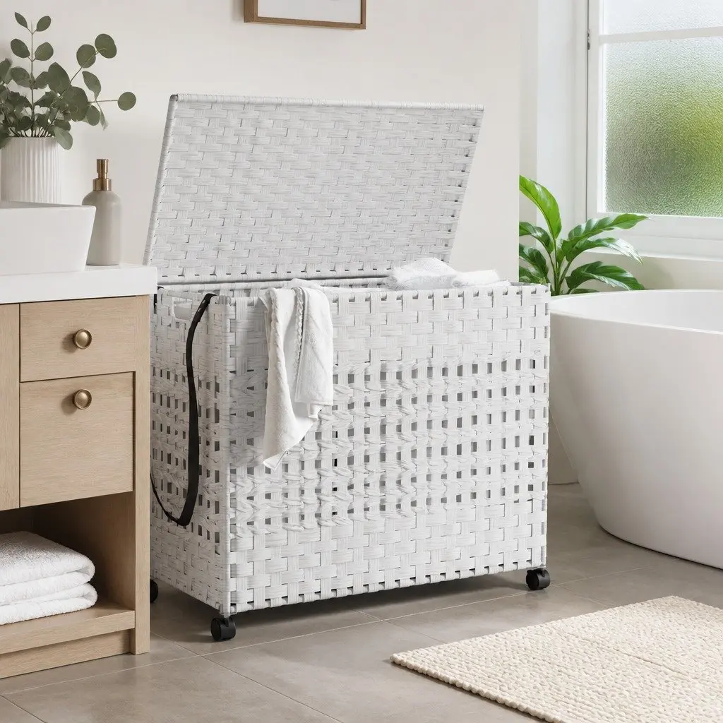 Rattan Laundry Basket with Wheels White 66x35x60cm Laundry Hamper 3 Compartments