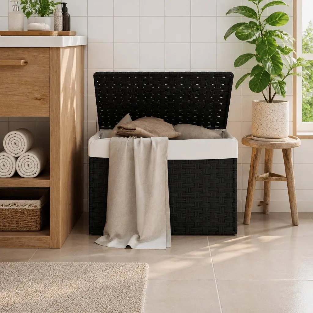 Laundry Basket with Lid Black Poly Rattan 55.5x35x34cm Foldable Storage Bin
