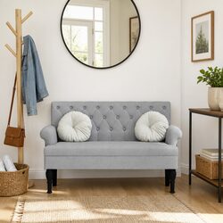 Fabric Bench with Backrest Grey Padded Seating Button Tufted Armrests Home
