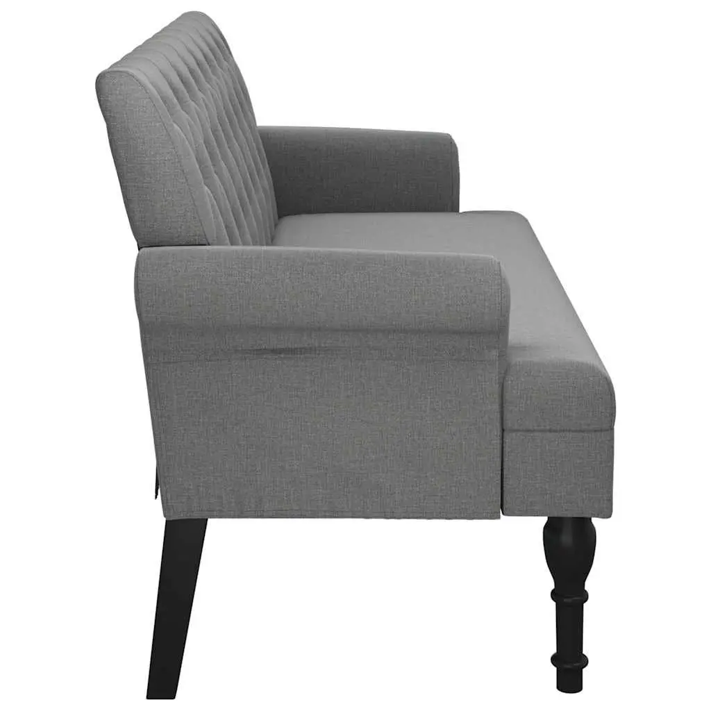Bench Grey Fabric Padded Seat Backrest Armrests Button Tufts Wooden Feet