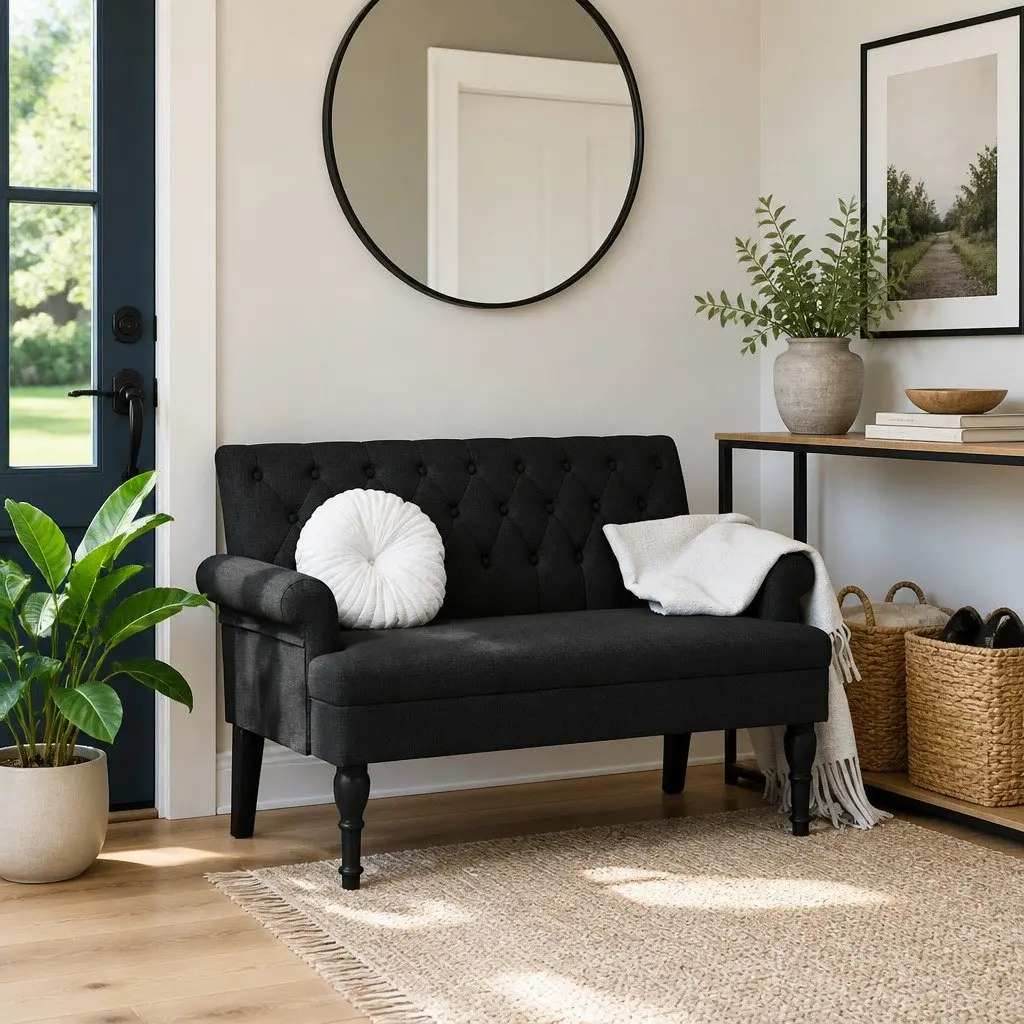 Bench with Backrest Black Fabric Padded Seat Armrests Button Tufted Design Home