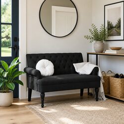Bench with Backrest Black Fabric Padded Seat Armrests Button Tufted Design Home