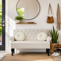 Bench with Backrest Cream Linen Padded Seat Armrest Elegant Home Furniture