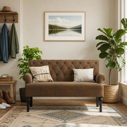 Bench with Backrest Brown Faux Suede Leather Padded Seat Armrests Elegant Design