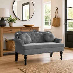 Bench with Cushions Grey Velvet Seat Backrest Armrests Elegant Sofa Chair
