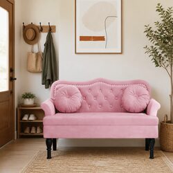 Bench with Cushions Pink Velvet Seating Elegant Design Padded Armrests Backrest