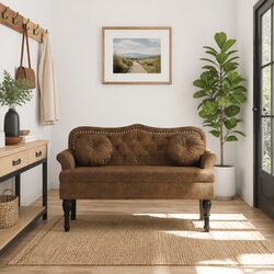 Bench with Cushions Brown Faux Suede Upholstered Seat Backrest Armrests