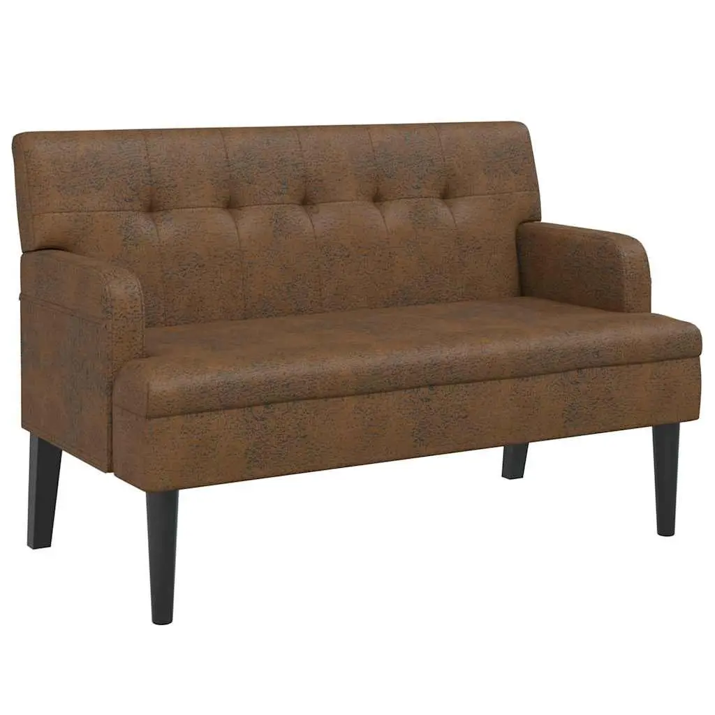 Bench with Backrest Padded Seat Brown Faux Suede Leather Armrests Wooden Feet