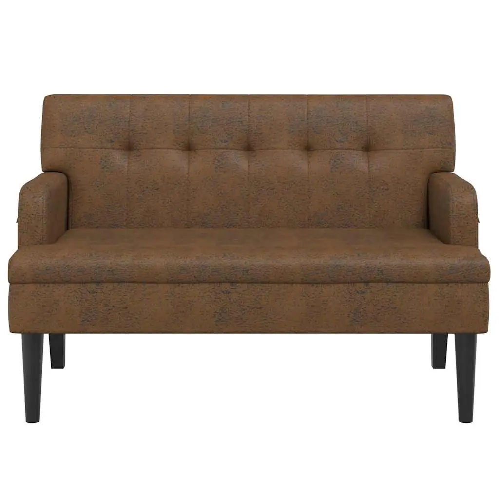 Bench with Backrest Padded Seat Brown Faux Suede Leather Armrests Wooden Feet