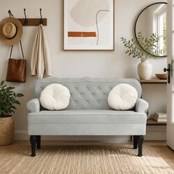 Bench with Backrest Grey Velvet Padded Seat Armrests Wave Design Home Furniture