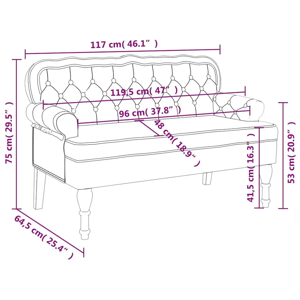 Bench with Backrest Grey Velvet Padded Seat Armrests Wave Design Home Furniture