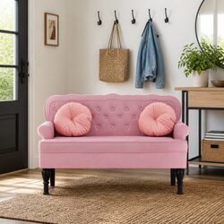 Velvet Bench with Backrest Pink Padded Seat Armrests Wave Design Home Furniture