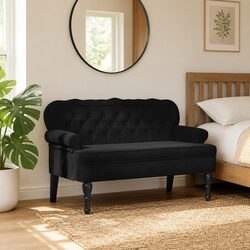 Bench with Backrest Black Velvet Padded Seat Wave-Shaped Back Armrests Home