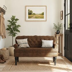 Bench with Backrest Brown Faux Suede Leather Padded Seat Wave Design Home