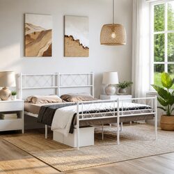 Metal Bed Frame White 135x190cm Bedroom Furniture Headboard Footboard Slats