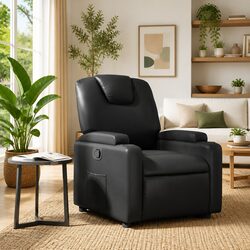 Recliner Armchair Manual Reclining Black Faux Leather Lounge Chair Cup Holders