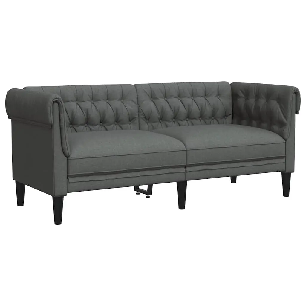 2-Seater Chesterfield Sofa Grey Fabric Rolled Arms Deep Backrest