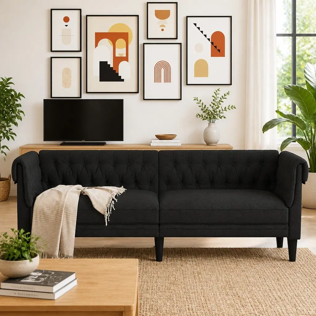 3-Seater Chesterfield Sofa Black Fabric Rolled Arm Deep Backrest Living Room