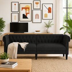 3-Seater Chesterfield Sofa Black Fabric Rolled Arm Deep Backrest Living Room