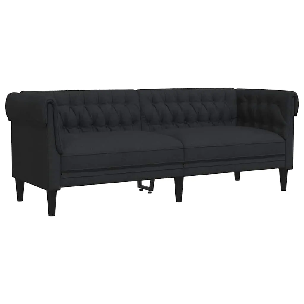 3-Seater Chesterfield Sofa Black Fabric Rolled Arm Deep Backrest Living Room