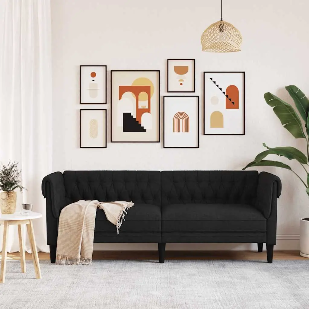 3-Seater Chesterfield Sofa Black Fabric Rolled Arm Deep Backrest Living Room