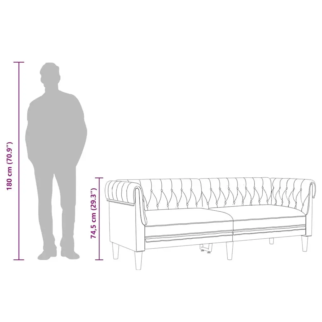3-Seater Chesterfield Sofa Black Fabric Rolled Arm Deep Backrest Living Room