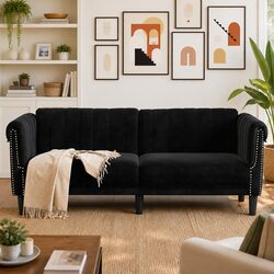 2-Seater Sofa Black Velvet Modern Living Room Couch Comfortable Padded Armrests