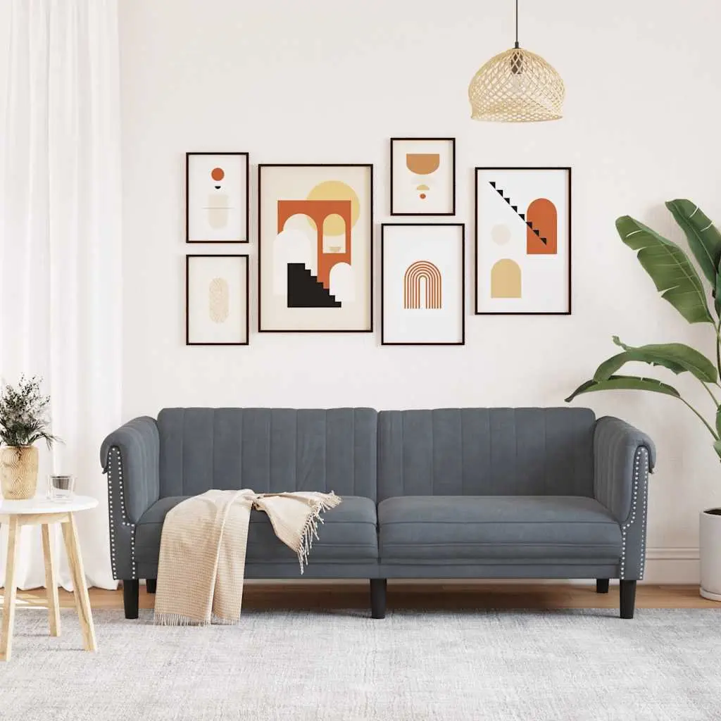 3-Seater Sofa Velvet Upholstered Modern Grey Padded Living Room Couch