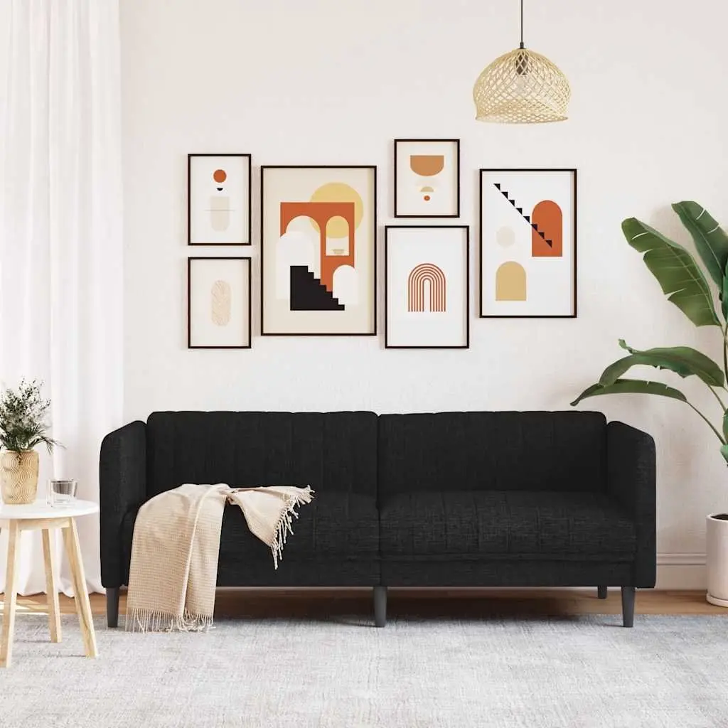 3-Seater Sofa Black Fabric Living Room Couch Comfortable Padded Armrests