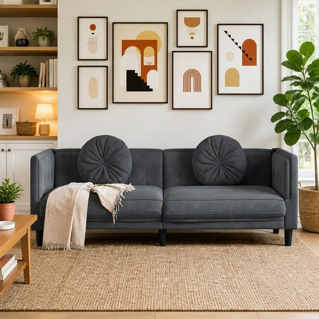 3-Seater Sofa Grey Velvet Cushions Padded Armrests Backrest