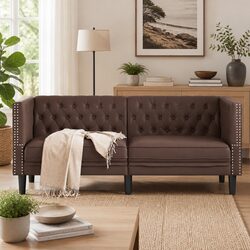 2-Seater Chesterfield Sofa Brown Faux Leather Button Tufted Armchair Living Room