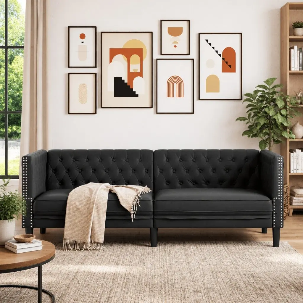 3-Seater Sofa Chesterfield Style Faux Leather Black Button Tufted