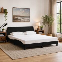 King Bed Frame 180x200 cm Black Fabric Headboard Plywood Slats Bedroom Furniture